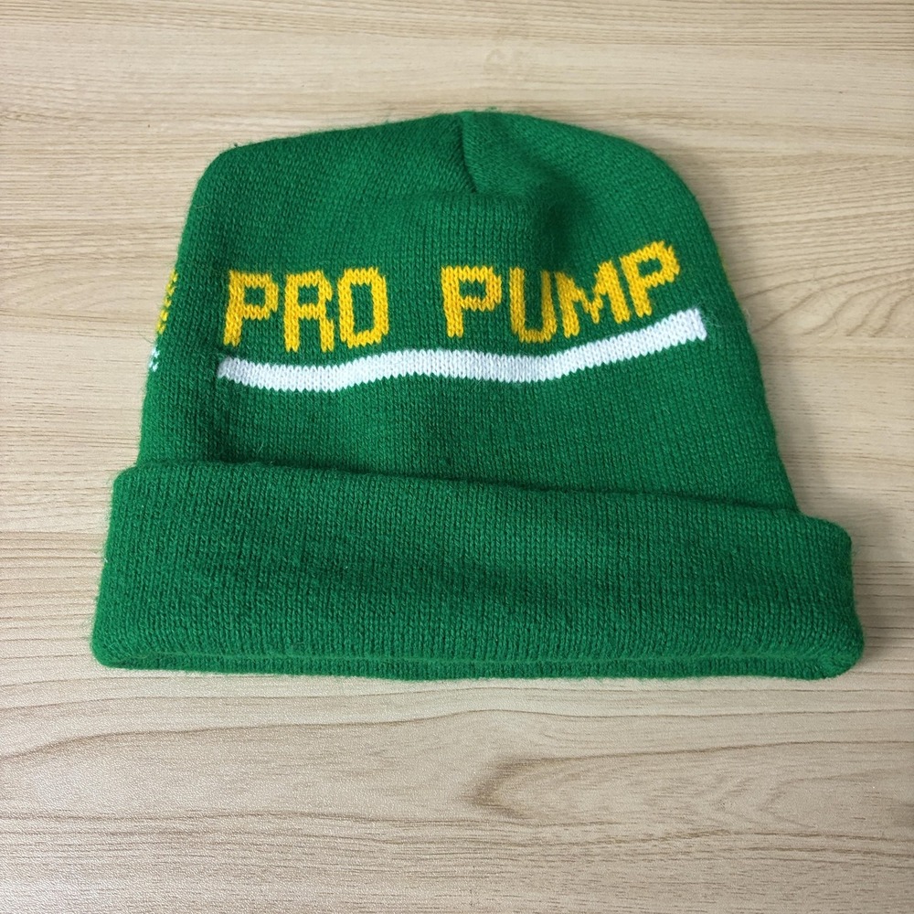 Vintage Pro Pump Hat Beanie Fitted Mens Large Green Cuffed Knit Advertising 90s